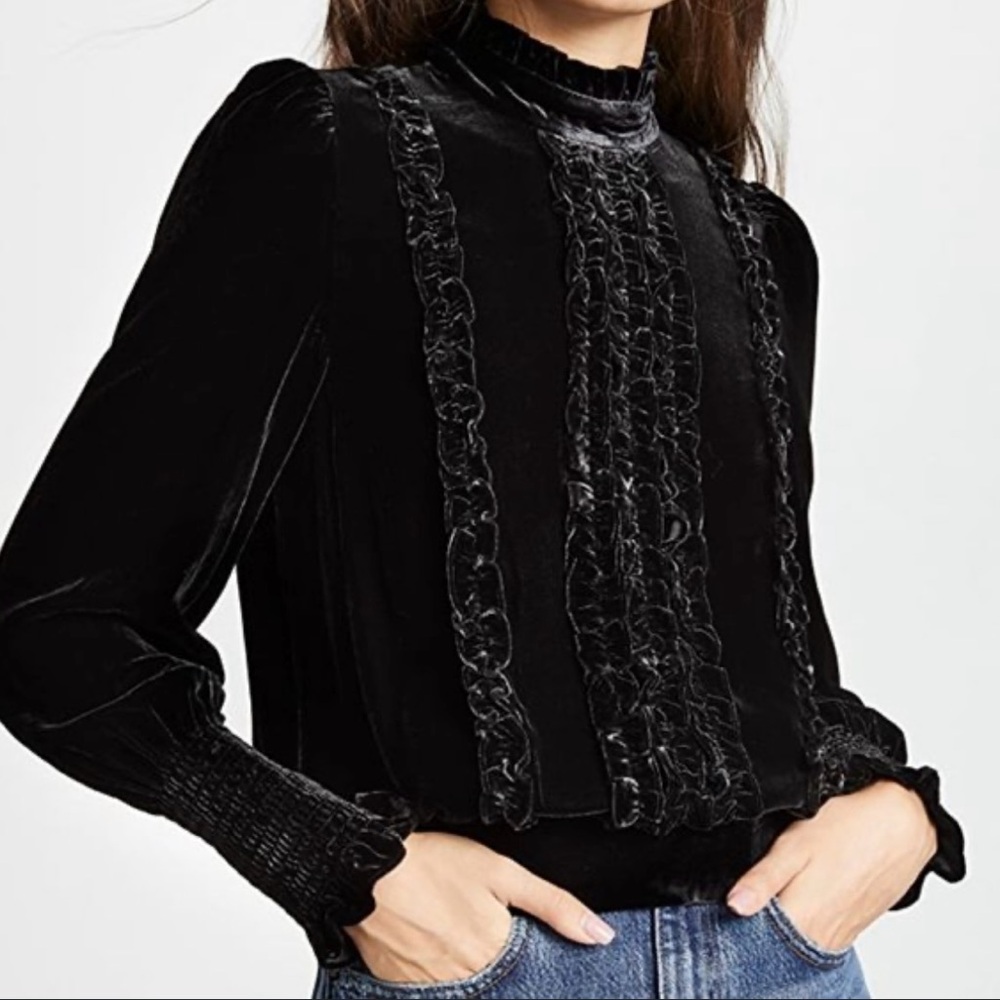 FRAME ruffled black velvet top. Size small. Excellent condition